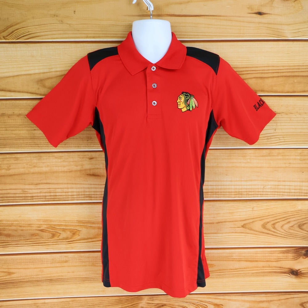 NHL Blackhawks Polo Shirt Mens Size M Red Black Short Sleeves Hockey Fan Apparel